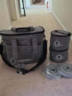 Gray Pet Travel Bag with Matching Food Containers and Collapsible Bowls